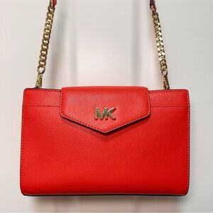 Michael Kors Structured Red Leather Chain Strap Crossbody Clutch